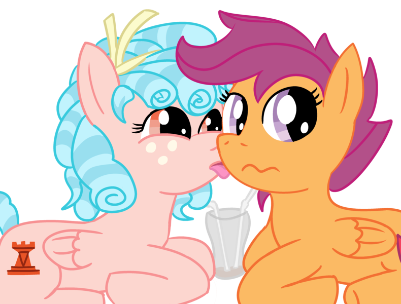Size: 4096x3112 | Tagged: safe, artist:poniidesu, derpibooru import, cozy glow, scootaloo, pegasus, pony, /mlp/, blue mane, blue tail, bow, chocolate, chocolate milk, chocolate milkshake, colored, cozyloo, female, filly, flat colors, food, freckles, high res, laying on stomach, lesbian, licking, milk, milkshake, mlem, orange eyes, pure unfiltered evil, purple eyes, purple mane, shipping, silly, tongue out, wavy mouth