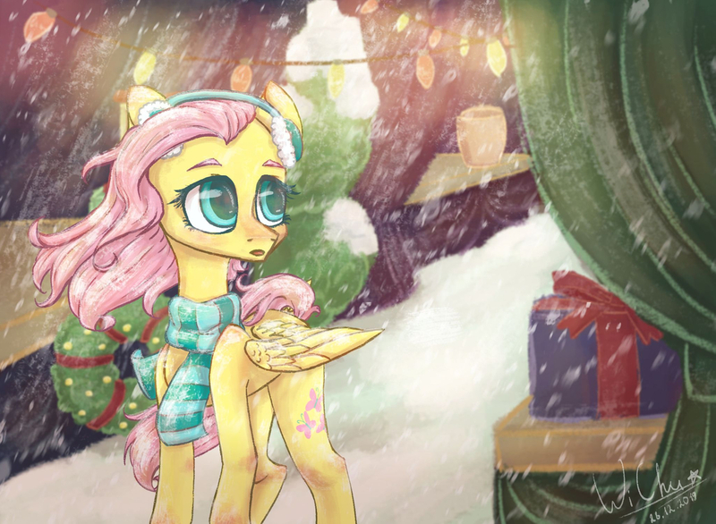 Size: 1280x938 | Tagged: safe, artist:ladichuma, derpibooru import, fluttershy, pony, christmas, christmas lights, christmas wreath, clothes, earmuffs, holiday, present, scarf, snow, snowfall, solo, wreath