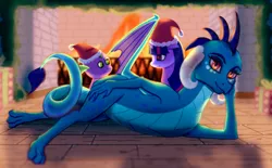 Size: 2064x1280 | Tagged: safe, artist:aterhut, derpibooru import, princess ember, spike, twilight sparkle, dragon, pony, christmas, fireplace, hat, holiday, looking at you, santa hat, sultry pose