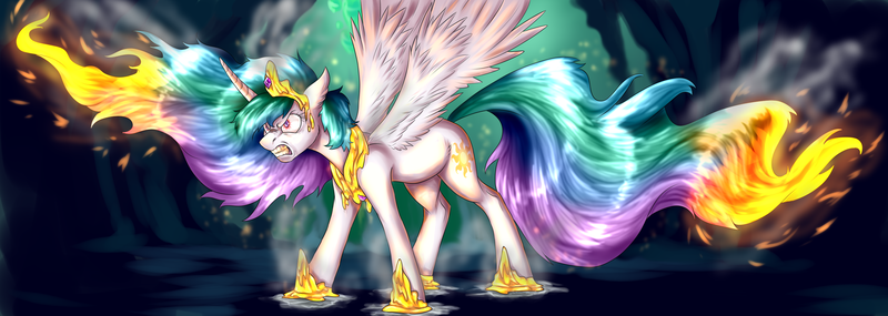 Size: 3368x1200 | Tagged: safe, artist:not-ordinary-pony, derpibooru import, daybreaker, princess celestia, alicorn, pony, angry, burning, commission, female, furious, fury, gritted teeth, jewelry, mane of fire, mane on fire, mare, melting, ragelestia, regalia, run for your lives, sad, sin of wrath, solo, spread wings, tail of fire, this will end in daybreaker, this will end in death, this will end in tears, this will end in tears and/or death, wings, you dun goofed