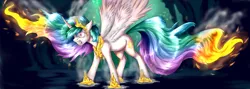 Size: 3368x1200 | Tagged: safe, artist:not-ordinary-pony, derpibooru import, daybreaker, princess celestia, alicorn, pony, angry, burning, commission, female, furious, fury, gritted teeth, jewelry, mane of fire, mane on fire, mare, melting, ragelestia, regalia, run for your lives, sad, sin of wrath, solo, spread wings, tail of fire, this will end in daybreaker, this will end in death, this will end in tears, this will end in tears and/or death, wings, you dun goofed