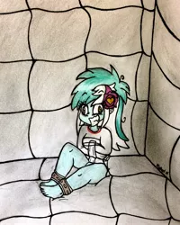 Size: 2078x2592 | Tagged: safe, artist:michaelmaddox222, deleted from derpibooru, derpibooru import, lyra heartstrings, equestria girls, ankle cuffs, asylum, barefoot, bondage, colored, cuffs, feet, female, insanity, messy hair, padded cell, pencil drawing, signature, solo, straitjacket, traditional art
