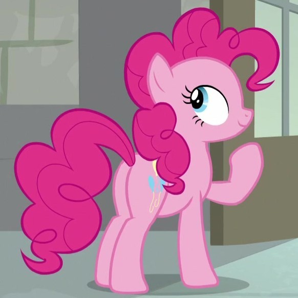 Size: 582x582 | Tagged: safe, derpibooru import, screencap, pinkie pie, earth pony, pony, the last laugh, balloonbutt, butt, cropped, female, mare, plot, raised hoof, smiling, solo