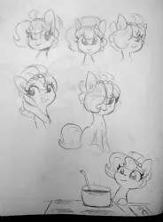 Size: 1373x1868 | Tagged: safe, artist:tjpones, derpibooru import, oc, oc:brownie bun, unofficial characters only, earth pony, pony, cooking, female, imminent doom, mare, monochrome, pearl, simple background, solo, stove, traditional art, white background