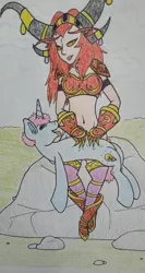 Size: 256x480 | Tagged: safe, artist:edwinn, derpibooru import, oc, oc:lightning dust, human, unicorn, alexstrasza, belly button, belly rubbing, midriff, rub, traditional art