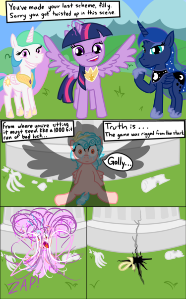 Size: 4096x6560 | Tagged: semi-grimdark, artist:poniidesu, derpibooru import, cozy glow, princess celestia, princess luna, twilight sparkle, twilight sparkle (alicorn), alicorn, pegasus, pony, the ending of the end, /mlp/, alternate ending, benny, broken, colored, comic, cozybuse, death, disintegration, execution, fallout, fallout: new vegas, flat colors, implied death, implied queen chrysalis, implied tirek, jewelry, magic, mountain, mountain range, no mercy, punish the villain, regalia, shadow, shattered, text