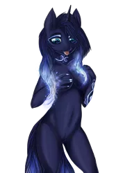 Size: 2000x3000 | Tagged: suggestive, artist:rensaio, derpibooru import, oc, oc:mystic shadow, unofficial characters only, anthro, unicorn, anthro oc, barbie doll anatomy, belly button, breasts, commission, featureless breasts, featureless crotch, female, glowing mane, godiva hair, horn, looking down, mare, nudity, simple background, solo, solo female, strategically covered, tongue out, transparent background, ych result