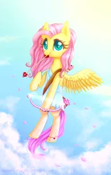 Size: 1200x1900 | Tagged: artist:0okami-0ni, bow (weapon), clothes, cloud, cloudy, cupid, cute, derpibooru import, dress, fluttershy, flying, safe, shyabetes, sky, solo