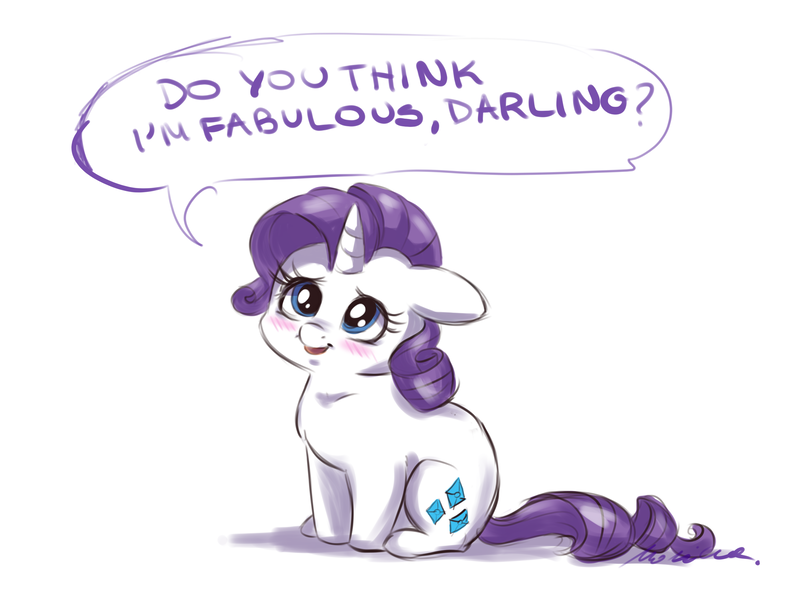 Size: 2400x1800 | Tagged: safe, artist:buttersprinkle, derpibooru import, rarity, pony, unicorn, blushing, bronybait, cute, darling, dialogue, fabulous, female, floppy ears, mare, open mouth, question, raribetes, simple background, sitting, smiling, solo, speech bubble, text, tiny, tiny ponies, white background
