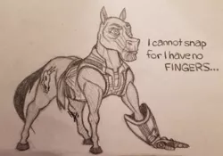 Size: 624x437 | Tagged: safe, artist:rabyruen, derpibooru import, ponified, pony, bald, endgame, hand, humor, infinity gauntlet, infinity war, male, marvel, muscles, muscular male, random art, solo, stallion, text, thanos, traditional art