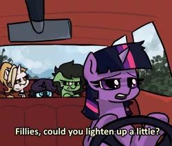 Size: 600x509 | Tagged: safe, artist:plunger, derpibooru import, twilight sparkle, oc, oc:anonfilly, oc:dyx, oc:nyx, ponified, alicorn, earth pony, pony, unicorn, /mlp/, 4chan, angry, car, car ride, drawthread, female, filly, meme, ponified meme, text, the simpsons