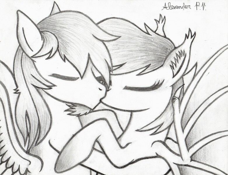 Size: 3284x2522 | Tagged: safe, derpibooru import, oc, oc:nolegs, oc:summer scorch, bat pony, pegasus, bat pony oc, bat wings, couple, eyes closed, female, holding, kissing, male, scorchlegs, shipping, straight, traditional art, wings