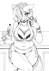 Size: 2430x3507 | Tagged: suggestive, artist:longinius, derpibooru import, rarity, anthro, unicorn, alcohol, barstool, bedroom eyes, belly button, big breasts, black and white, blushing, bottle, bra, bra strap, breasts, busty rarity, cleavage, clothes, counter, crossed legs, exposed belly, female, gin, glass, grayscale, leggings, lipstick, looking at you, makeup, mare, midriff, mobile phone, monochrome, pants, phone, phone charm, sitting, smartphone, solo, solo female, story included, tanktop, traditional art, underwear, watch, wristwatch