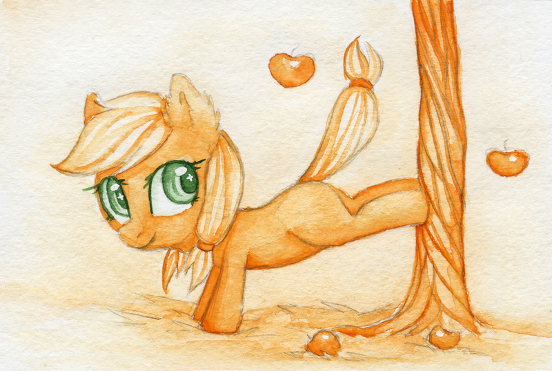 Size: 3349x2248 | Tagged: applejack, artist:0okami-0ni, derpibooru import, female, filly, safe, solo, traditional art, tree, tree bucking