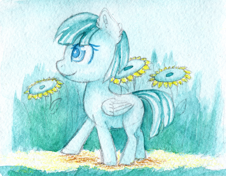 Size: 2000x1559 | Tagged: artist:0okami-0ni, derpibooru import, female, filly, flower, helid, huevember, safe, solo, sunflower, traditional art