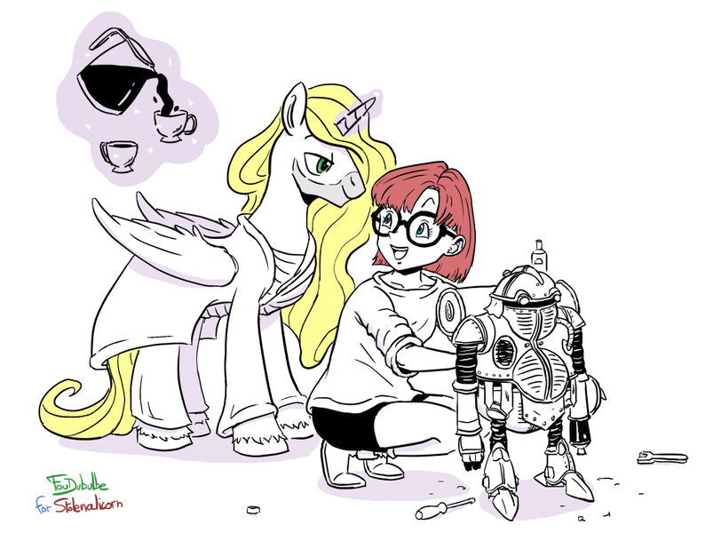 Size: 1034x781 | Tagged: safe, artist:foudubulbe, derpibooru import, oc, oc:james glastos, alicorn, human, pony, robot, chrono trigger, coffee, glasses, lucca ashtear, robo, screwdriver, wrench