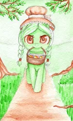 Size: 1200x2000 | Tagged: artist:0okami-0ni, basket, derpibooru import, female, filly, granny smith, huevember, safe, solo, traditional art, tree, younger, young granny smith