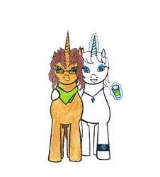 Size: 1417x1566 | Tagged: safe, artist:assertiveshypony, derpibooru import, oc, oc:green scroll, oc:snowmoon, pony, unicorn, 2020 community collab, derpibooru community collaboration, clothes, hug, looking at you, magic, male, paper cup, scarf, simple background, transparent background