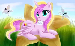 Size: 1980x1200 | Tagged: alicorn, alicorn oc, artist:0okami-0ni, butterfly, derpibooru import, flower, horn, hugs?, oc, safe, solo, unofficial characters only, wings