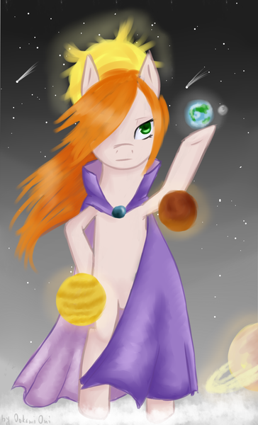Size: 1200x1980 | Tagged: safe, artist:0okami-0ni, derpibooru import, oc, unofficial characters only, pony, cape, clothes, giant pony, macro, planet, solo, space, sun