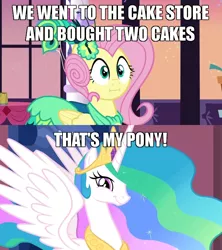 Size: 640x720 | Tagged: cake, cakelestia, caption, clothes, comic, crossing the memes, derpibooru import, dress, edit, edited screencap, faic, fluttershy, food, :i, image macro, looking at you, make new friends but keep discord, meme, princess celestia, safe, screencap, screencap comic, smiling, smirk, spread wings, :t, text, that's my pony, that's my x, the return of harmony, twiface, we bought two cakes, wings