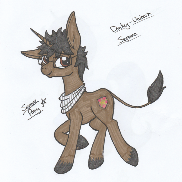 Size: 1778x1774 | Tagged: safe, alternate version, artist:serenepony, deleted from derpibooru, derpibooru import, oc, oc:serene tone, donkey, hybrid, pony, unicorn, donkey unicorn, glasses, looking back, male, simple background, smiling, solo, stallion, traditional art, tube scarf