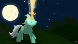 Size: 1000x562 | Tagged: safe, artist:quint-t-w, derpibooru import, lyra heartstrings, pony, unicorn, artifact, background pony, beam, blast, eyes closed, female, glowing horn, horn, magic, magic beam, magic blast, mare, moon, music notes, night, old art, signal, solo, stars