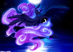 Size: 2411x1708 | Tagged: safe, artist:polkadot-creeper, derpibooru import, princess luna, alicorn, pony, ethereal mane, female, mare, moon, night, sky, solo, spread wings, starry mane, starry night, stars, wings