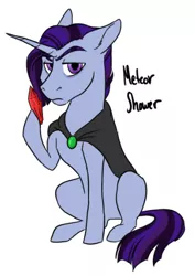 Size: 345x488 | Tagged: safe, artist:phobicalbino, derpibooru import, oc, oc:meteor shower, unofficial characters only, pony, unicorn, cape, clothes, gem, hoof hold, magical lesbian spawn, magnetic hooves, male, next generation, offspring, parent:pinkie pie, parent:twilight sparkle, parents:twinkie, raised eyebrow, raised hoof, simple background, sitting, solo, stallion, white background