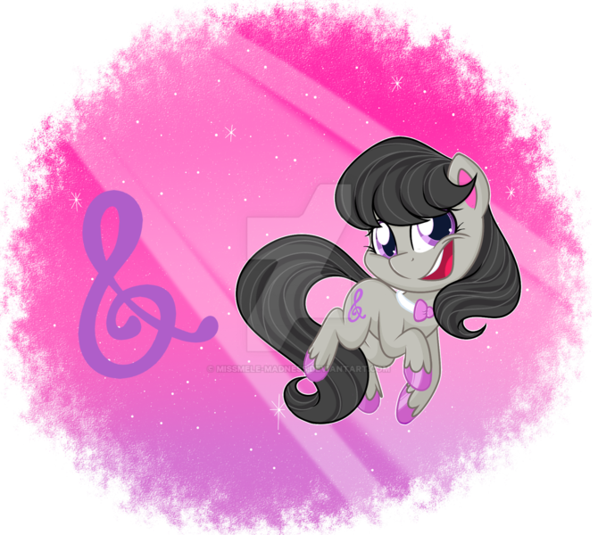 Size: 1600x1432 | Tagged: safe, artist:missmele-madness, derpibooru import, octavia melody, earth pony, pony, my little pony: pony life, bowtie, chibi, colored hooves, cute, cutie mark background, deviantart watermark, female, mare, obtrusive watermark, smiling, solo, tavibetes, watermark