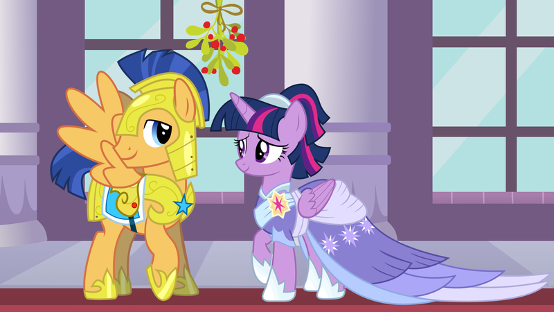 Size: 2064x1161 | Tagged: safe, derpibooru import, flash sentry, twilight sparkle, twilight sparkle (alicorn), alicorn, the last problem, armor, canterlot castle, christmas, clothes, coronation dress, cute, diasentres, dress, female, flashlight, hearth's warming, heartwarming, holiday, looking at each other, male, mistleholly, royal guard armor, second coronation dress, shipping, shipping fuel, smiling, straight, twiabetes