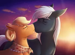 Size: 1909x1414 | Tagged: safe, artist:alexispaint, derpibooru import, applejack, oc, oc:dragon, earth pony, pony, the last problem, canon x oc, dragojack, female, kissing, male, older, older applejack, older oc, shipping, straight, sunset