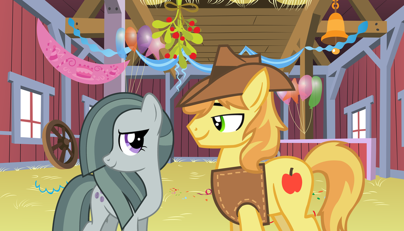 Size: 2064x1182 | Tagged: a happy ending for marble pie, barn, braebetes, braeble, braeburn, christmas, cute, derpibooru import, female, hearth's warming, heartwarming, holiday, looking at each other, male, marblebetes, marble pie, mistleholly, party, romance, romantic, safe, shipping, straight, this will end in love