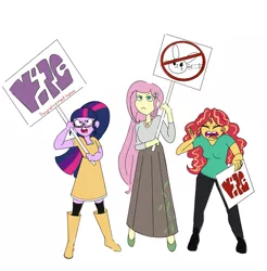Size: 1280x1303 | Tagged: safe, artist:ponyretirementhome, derpibooru import, fluttershy, sci-twi, sunset shimmer, twilight sparkle, human, equestria girls, animal rights, boots, clothes, female, humanized, image, jewelry, jpeg, lesbian, long skirt, necklace, polyamory, protest, scitwishimmer, shipping, shoes, simple background, skirt, sunsetsparkle, sunshyne, twishy, twishyset, white background