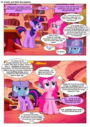 Size: 868x1228 | Tagged: artist:dziadek1990, book, bookshelf, comic, comic:ponies and d&d, conversation, critical failure, derpibooru import, dialogue, dice, dungeons and dragons, edit, edited screencap, emote story:ponies and d&d, epic fail, fail, fantasy class, golden oaks library, griffon the brush off, library, oc, oc:pinka, pen and paper rpg, pinkie pie, rpg, safe, screencap, screencap comic, slice of life, stairs, text, trixie, twilight sparkle