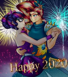 Size: 1752x2000 | Tagged: safe, artist:mandy1412, derpibooru import, sci-twi, sunset shimmer, twilight sparkle, equestria girls, 2020, alternate hairstyle, dancing, female, fireworks, happy new year, happy new year 2020, holiday, lesbian, scitwishimmer, shipping, sunsetsparkle