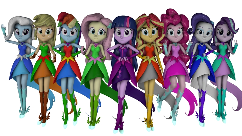 Size: 4675x2630 | Tagged: safe, artist:fazbearsparkle, derpibooru import, applejack, fluttershy, pinkie pie, rainbow dash, rarity, sci-twi, starlight glimmer, sunset shimmer, trixie, twilight sparkle, equestria girls, 3d, alternate outfits, boots, clothes, dress, humane five, humane seven, humane six, looking at you, midnight sparkle, outfit, shoes, simple background, skirt, source filmmaker, white background