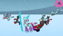 Size: 1510x870 | Tagged: safe, artist:author92, derpibooru import, princess cadance, alicorn, earth pony, pony, alternate costumes, armor, brightly colored ninjas, clothes, crystal empire, crystal guard, crystal guard armor, female, fight, guard, helmet, kick, kicking, kunoichi, magic, mare, mask, mind control, naginata, ninja, pounce, rope, snow, sombra soldier, telekinesis, weapon