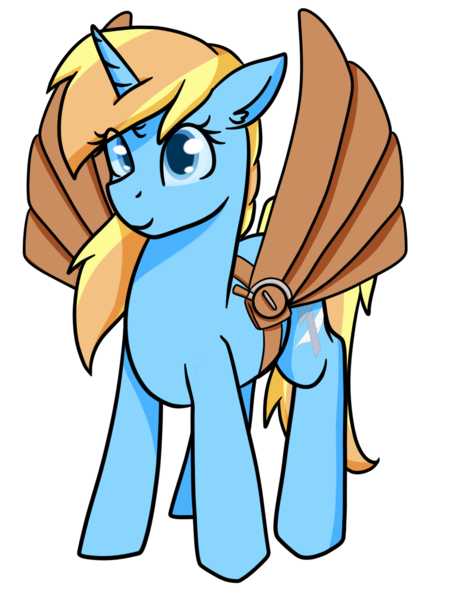 Size: 1200x1605 | Tagged: safe, artist:sevenserenity, derpibooru import, oc, oc:skydreams, unofficial characters only, pony, unicorn, 2020 community collab, derpibooru community collaboration, artificial wings, augmented, female, looking at you, mare, mechanical wing, simple background, solo, standing, transparent background, wings