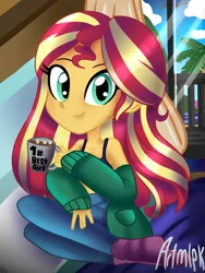 Size: 1536x2048 | Tagged: safe, artist:artmlpk, derpibooru import, sunset shimmer, human, equestria girls, balcony, bed, bedroom, chocolate, clothes, coffee mug, cute, female, food, hot chocolate, hotel, hotel room, jacket, looking at you, mug, oversized clothes, palm tree, pillow, shimmerbetes, signature, sitting, smiling, socks, solo, sweater, tree, window