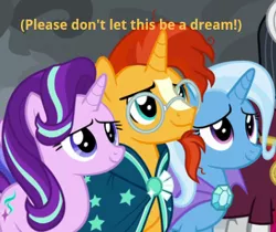 Size: 355x298 | Tagged: safe, derpibooru import, edit, edited screencap, screencap, chancellor neighsay, starlight glimmer, sunburst, trixie, earth pony, pony, unicorn, the ending of the end, bisexual, cropped, dream, female, in love, lesbian, lesbian in front of boys, looking at someone, looking at something, lucky bastard, male, offscreen character, polyamory, shipping, smiling, starburst, startrixburst, straight, sunburst gets all the mares, talking to himself, talking to viewer, trio, trio focus, trixburst