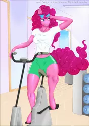 Size: 1024x1451 | Tagged: anthro, artist:yoye-wolfgrel, belly button, breasts, derpibooru import, exercise machine, pinkie pie, safe, unguligrade anthro