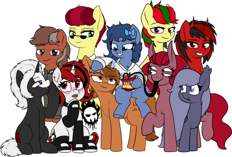 Size: 2976x2021 | Tagged: safe, artist:moonatik, artist:php109, artist:wenni, artist:zippysqrl, derpibooru import, oc, oc:aces high, oc:attraction, oc:bubbles, oc:dustbowl dune, oc:forsaken, oc:four eyes, oc:lilith, oc:s.leech, oc:selenite, oc:sign, oc:whinny, unofficial characters only, bat pony, earth pony, pony, succubus, unicorn, 2020 community collab, derpibooru community collaboration, belly button, blushing, bow, chest fluff, chips, clothes, collaboration, collar, female, food, four eyes, freckles, frown, glasses, grin, hair bow, hoodie, hoof on chin, looking at you, male, mare, multiple artists, necktie, open mouth, simple background, sitting, smiling, socks, solo jazz, stallion, standing, stockings, thigh highs, tongue out, transparent background, underhoof