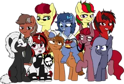 Size: 2976x2021 | Tagged: safe, artist:moonatik, artist:php109, artist:wenni, artist:zippysqrl, derpibooru import, oc, oc:aces high, oc:attraction, oc:bubbles, oc:dustbowl dune, oc:forsaken, oc:four eyes, oc:lilith, oc:s.leech, oc:selenite, oc:sign, oc:whinny, unofficial characters only, bat pony, earth pony, pony, succubus, unicorn, 2020 community collab, derpibooru community collaboration, belly button, blushing, bow, chest fluff, chips, clothes, collaboration, collar, female, food, four eyes, freckles, frown, glasses, grin, hair bow, hoodie, hoof on chin, looking at you, male, mare, multiple artists, necktie, open mouth, simple background, sitting, smiling, socks, solo jazz, stallion, standing, stockings, thigh highs, tongue out, transparent background, underhoof