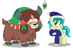 Size: 1920x1332 | Tagged: safe, artist:aleximusprime, derpibooru import, sandbar, yona, earth pony, pony, yak, blushing, christmas, cute, female, holiday, imminent kissing, male, mistletoe, sandabetes, shipping, simple background, straight, this will end in kisses, transparent background, yonabar, yonadorable