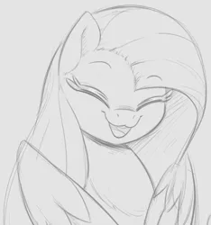 Size: 694x742 | Tagged: safe, artist:tre, derpibooru import, fluttershy, pegasus, pony, bust, cute, eyes closed, female, gray background, grayscale, mare, monochrome, open mouth, raised eyebrows, shyabetes, simple background, sketch, smiling, solo, wings