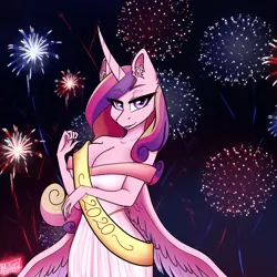 Size: 3607x3607 | Tagged: 2020, alicorn, anthro, artist:tyna, big breasts, breasts, busty princess cadance, cleavage, clothes, commission, derpibooru import, dress, ear fluff, female, fireworks, happy new year, happy new year 2020, holiday, looking at you, mare, night, princess cadance, safe, solo, ych result