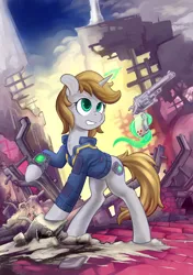 Size: 4251x6023 | Tagged: safe, artist:hobbes-maxwell, derpibooru import, oc, oc:littlepip, unofficial characters only, pony, unicorn, fallout equestria, fanfic, chest fluff, clothes, fanfic art, female, glowing horn, grin, gun, handgun, hooves, horn, levitation, little macintosh, magic, mare, optical sight, pipbuck, raised hoof, revolver, ruins, scope, smiling, solo, stable-tec, telekinesis, vault suit, weapon