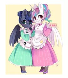 Size: 600x690 | Tagged: alicorn, alternate hairstyle, anthro, arm hooves, artist:ipun, blushing, breasts, cake, chestbreasts, clothes, colored hooves, cute, cutelestia, derpibooru import, deviantart watermark, dress, duo, female, food, friendship cafe, hair bun, lunabetes, maid, mare, obtrusive watermark, pantyhose, ponytail, princess celestia, princess luna, royal sisters, safe, shoes, siblings, sisters, smiling, watermark