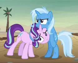 Size: 1155x940 | Tagged: safe, derpibooru import, screencap, starlight glimmer, trixie, pony, unicorn, road to friendship, bipedal, cropped, duo, female, mare, messy mane, scratches, trixie is not amused, unamused